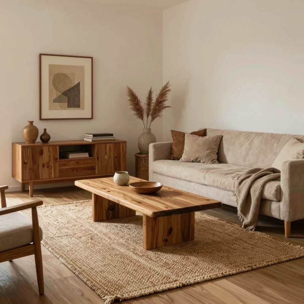 Boho minimalist living room with natural textures and warm tones