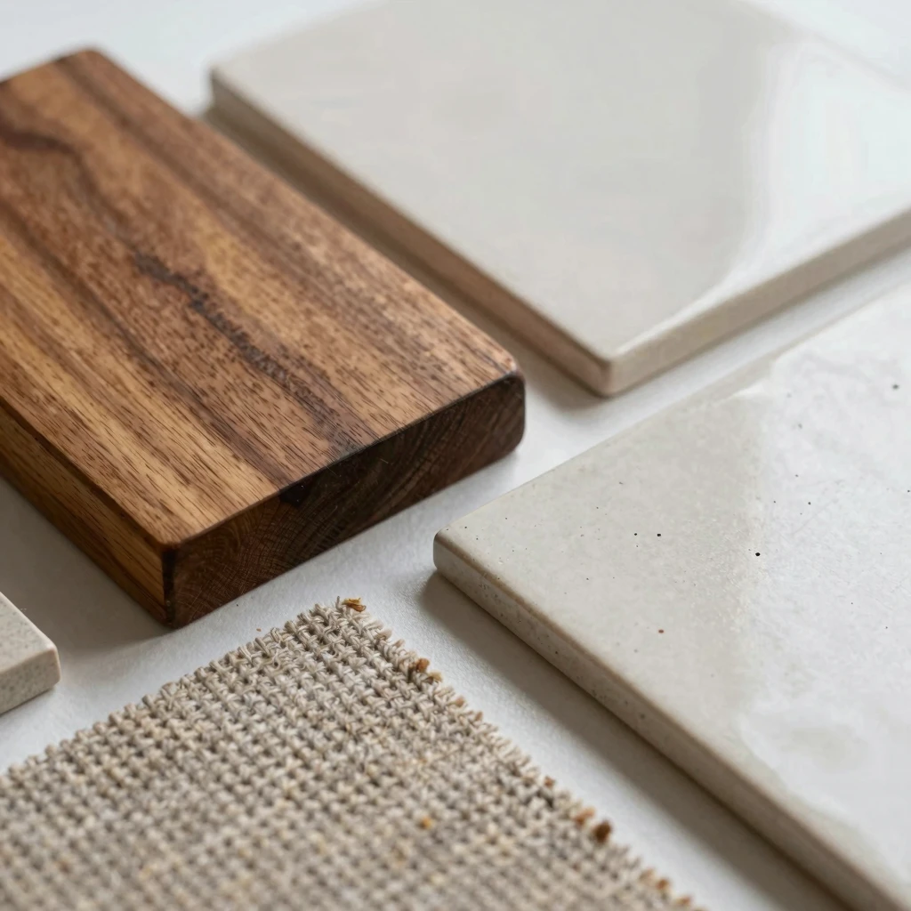 Various natural material samples including wood, ceramic, and textiles