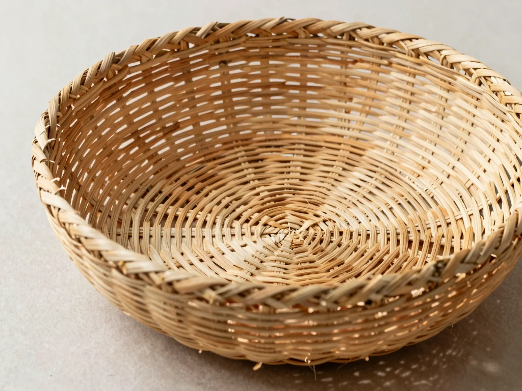 Handwoven natural fiber basket with geometric patterns