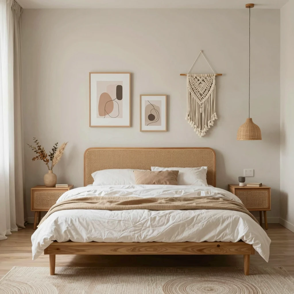Custom designed boho minimalist bedroom with personalized decor