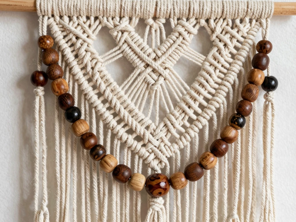 Handwoven macrame wall hanging with natural cotton and wooden beads